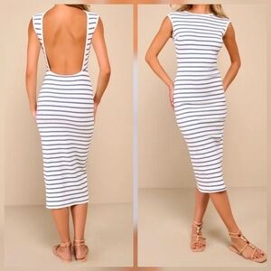 Lulus Chic Existence Ivory and Blue Striped Backless Midi Dress, Size Large